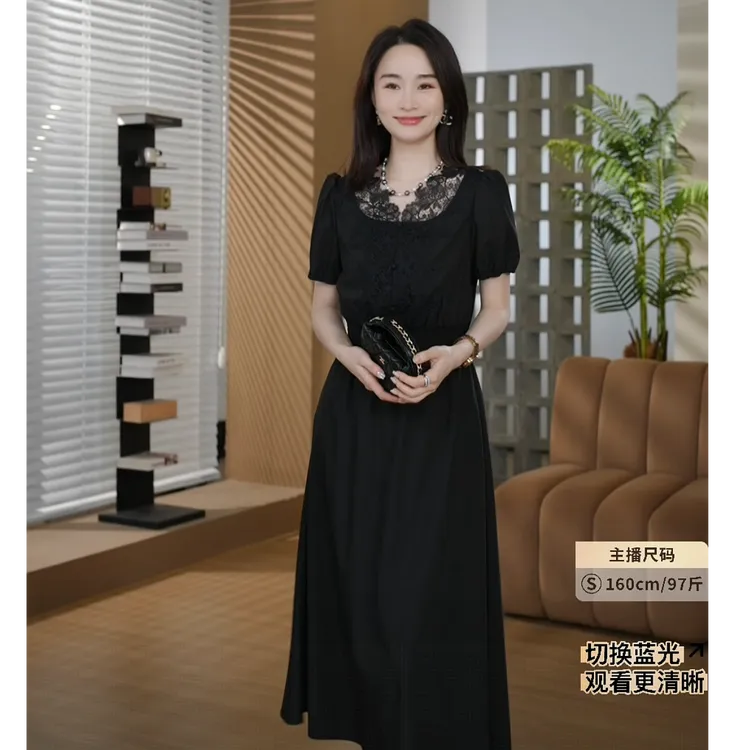 HELA AOMI“朦胧诗”泡泡袖蕾丝拼接收腰V领连衣裙CY5BH72910