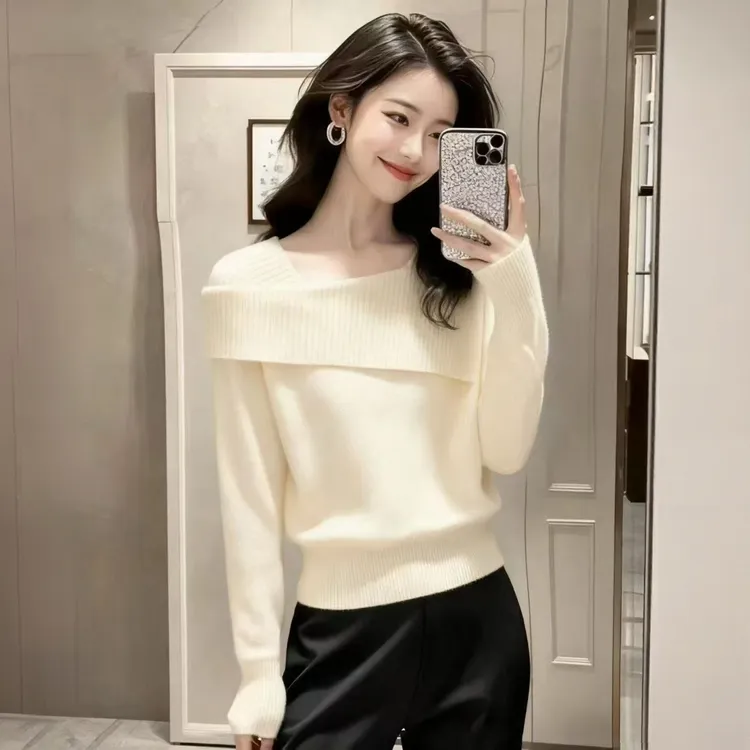 打底衫内搭女装秋季新款毛衣洋气百搭设计感一字翻领打底针织上衣