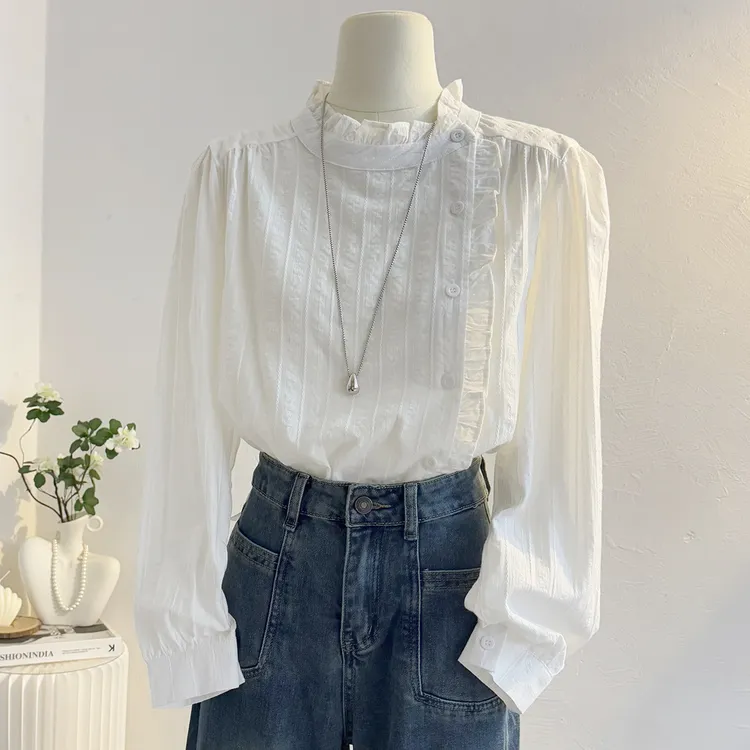 纯棉白色木耳花边立领长袖衬衫女2025秋法式气质内搭叠穿衬衣小衫