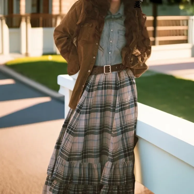 欧阳娜娜同款复古格纹拼接半身裙女夏新款高腰百搭显瘦A字中长裙