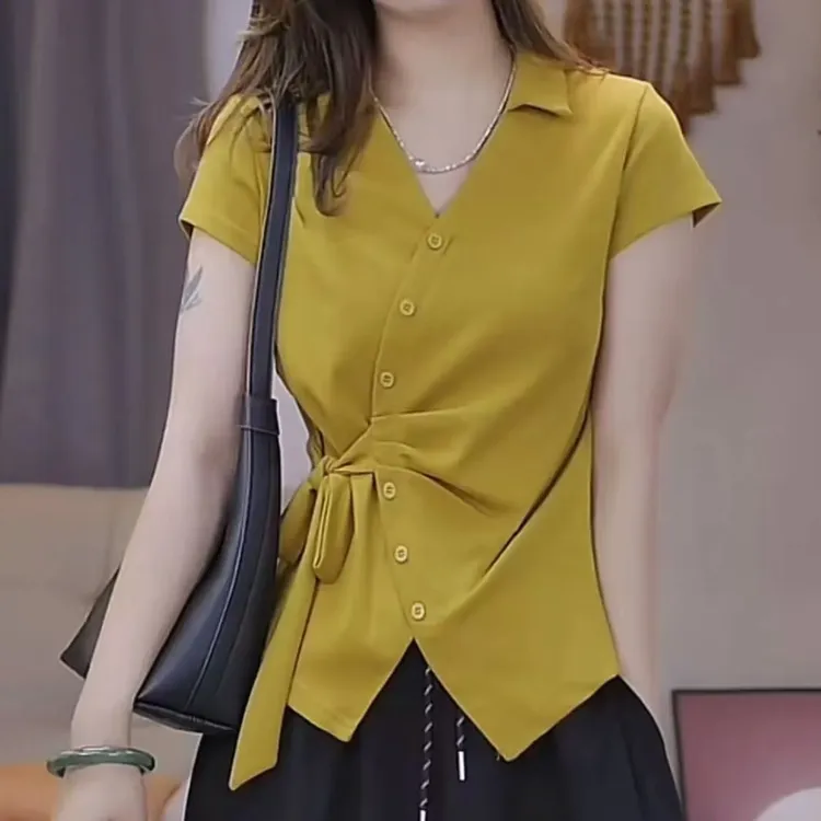 【韩紫朵】2025夏季方领开叉系带洋气时尚百搭t恤显瘦短袖5315