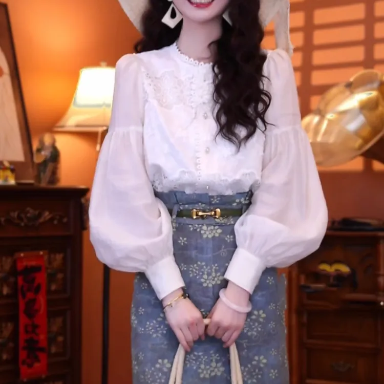 法式气质薄款长袖衬衫女2025春季新款小众设计感蕾丝减龄显瘦上衣