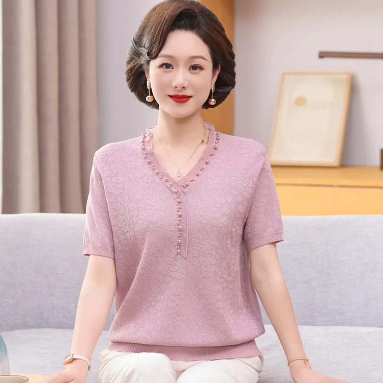 妈妈装2025新款V领短袖T恤中老年女装夏季冰丝针织衫时尚上衣