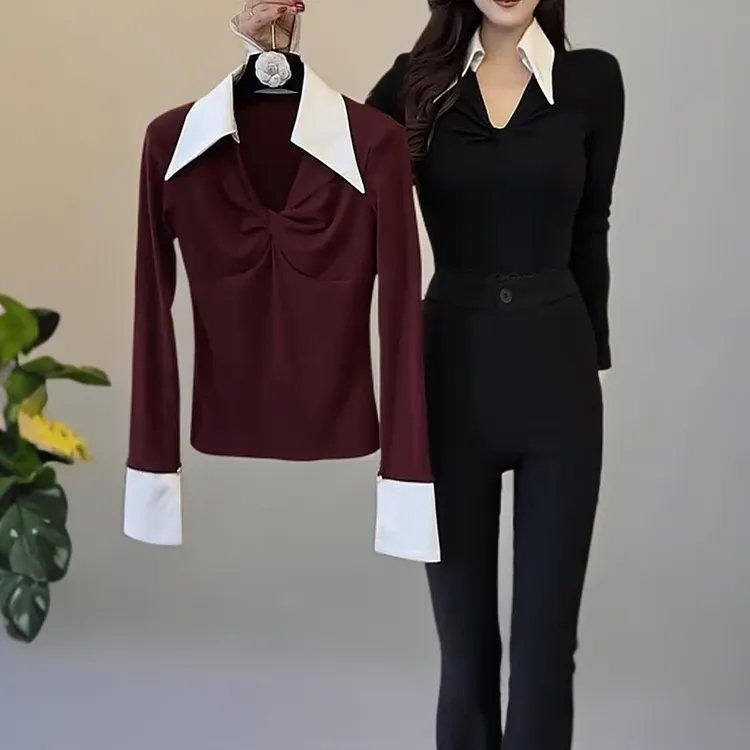春季气质撞色假两件拼接款修身长袖上衣显瘦设计打底T恤打底