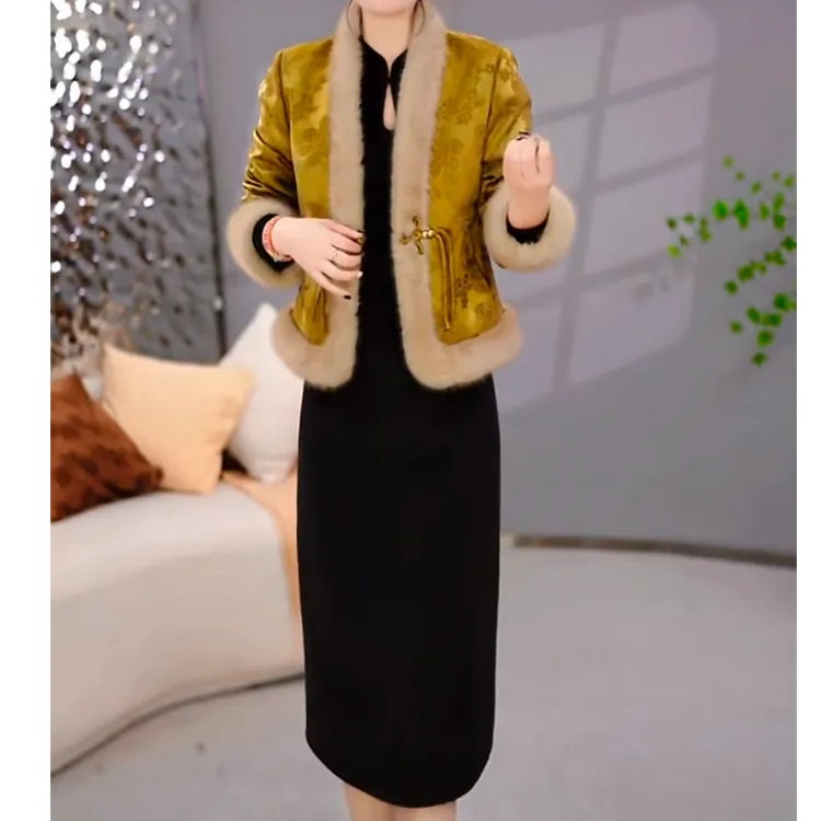 伊纤梦外套+连衣裙 2025冬季新中式带毛领贵气轻奢国风提花套装裙
