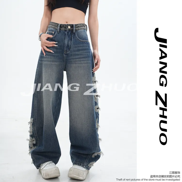 JIANGZHUO【黑夜腰头】冬季新款加绒撞色腰头假破洞设计高腰堆堆裤