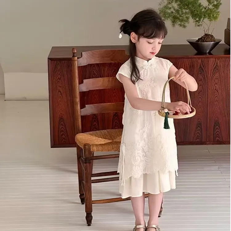 女宝夏季仙气汉服裙小女孩复古中式假两件气质国风绣花旗袍连衣裙