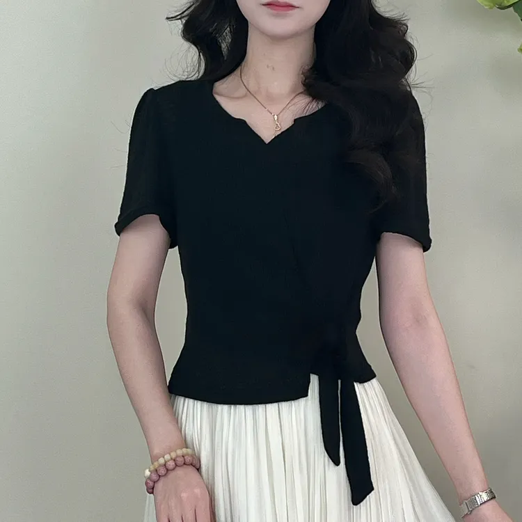 【达人专属】2025年夏季T恤蝴蝶显瘦气质短款法式方领百搭收腰褶皱