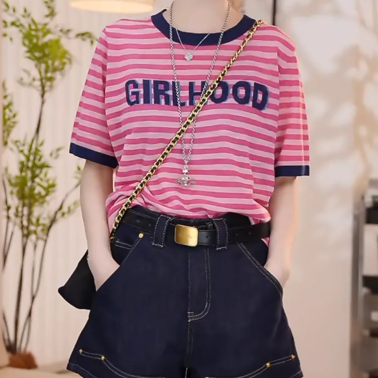 设计感条纹撞色圆领短袖T恤2025夏季新款欧若风时尚休闲百搭上衣