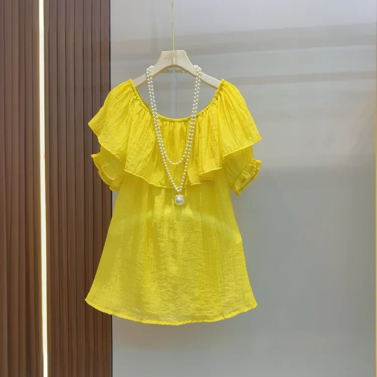 2025新款糖果色一字领薄款短袖T恤休闲风娃娃领宽松设计596