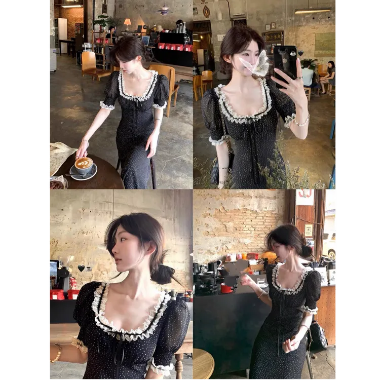 窦窦家A 白塔玫瑰 大U领花边连衣裙女早春韩系chic别致穿搭长裙