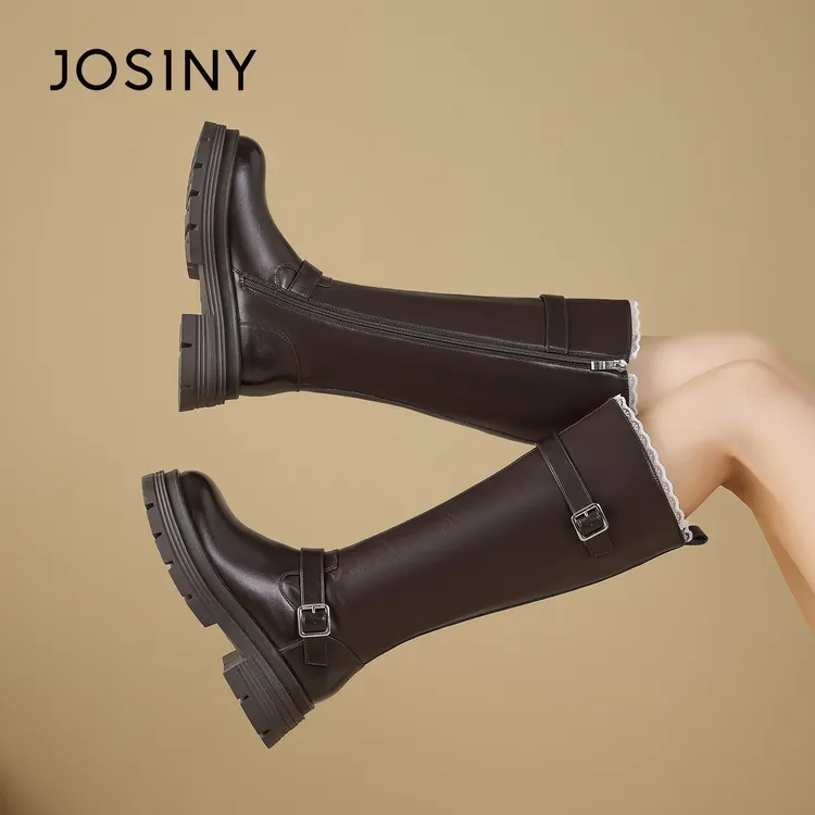 卓诗尼2025时装靴搭扣靴子时尚加绒过膝中筒厚底骑士小个子商品图