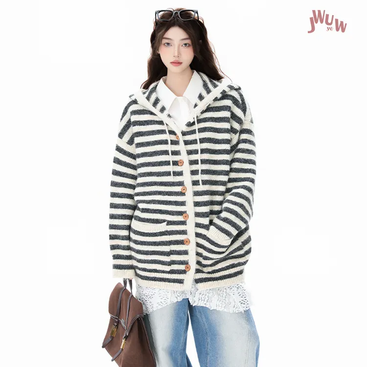 JWUW秋冬韩系小香风条纹连帽休闲毛衣外套女宽松保暖百搭针织开衫
