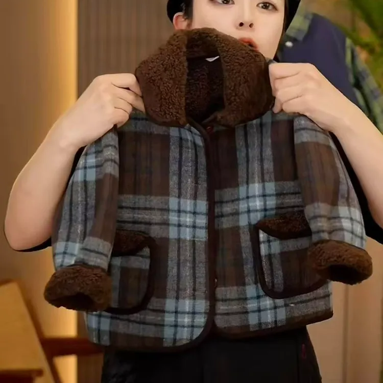 幂姐童装 儿童外套6826秋冬季新款加绒保暖格子翻领蓝色大衣