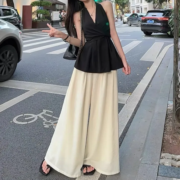 2025夏季新款麻料裙裤女松紧腰百搭时尚宽松显瘦大阔腿休闲裤WM