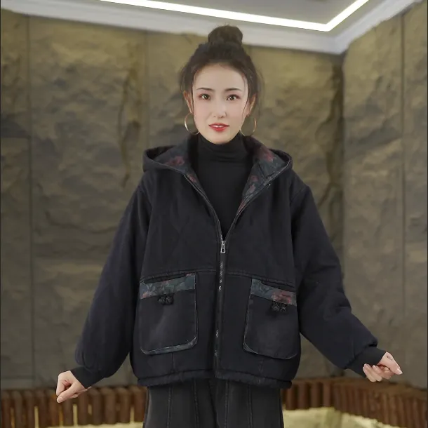 冬季新款加绒加棉加厚时尚复古连帽棉服拼色韩版牛仔棉衣2674