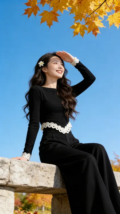 秋日ootd穿搭一整套韩系修身长袖T恤上衣女高腰阔腿裤气质两件套