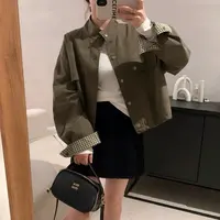 2025韩系立领短款工装外套女秋季宽松百搭袖口格子拼接夹克上衣