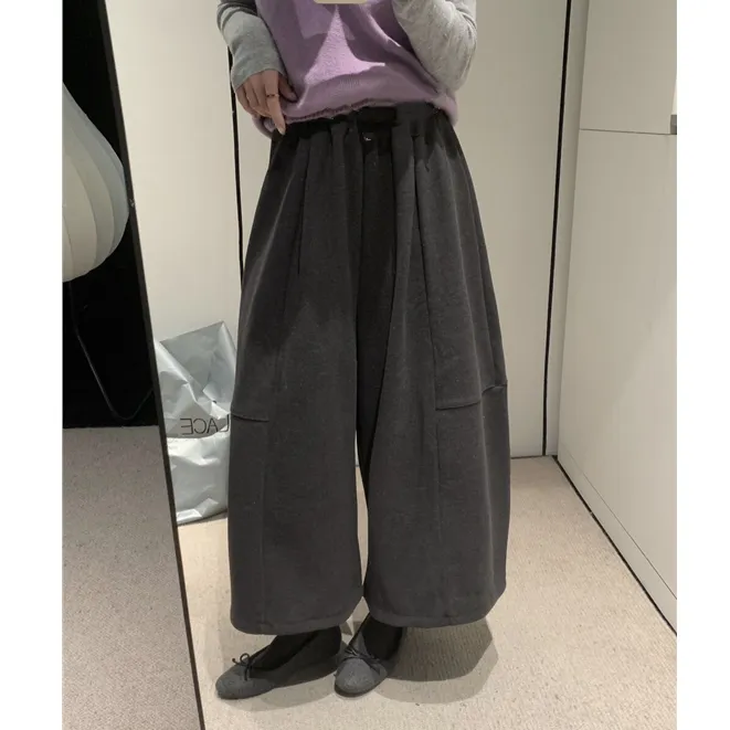 韩系慵懒风加绒奶奶裤秋冬宽松保暖遮肉阔腿裤加厚通勤休闲九分裤