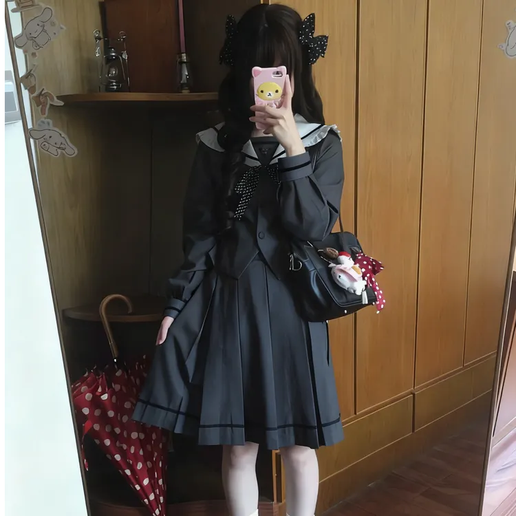 张不烦原创【灰樱】灰黑色长袖日杂感古早感水手服套装jk