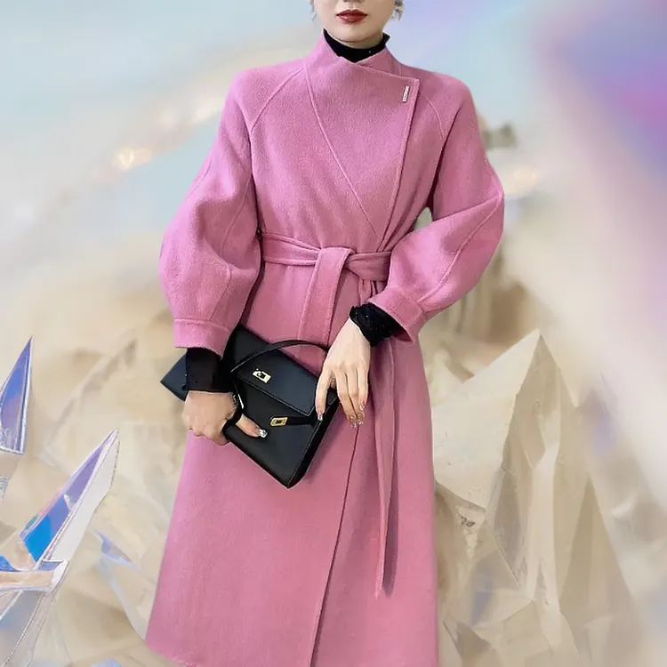 2025时尚新款粉色风衣女经典轻奢高级感纯色立领收腰上衣洋气显瘦