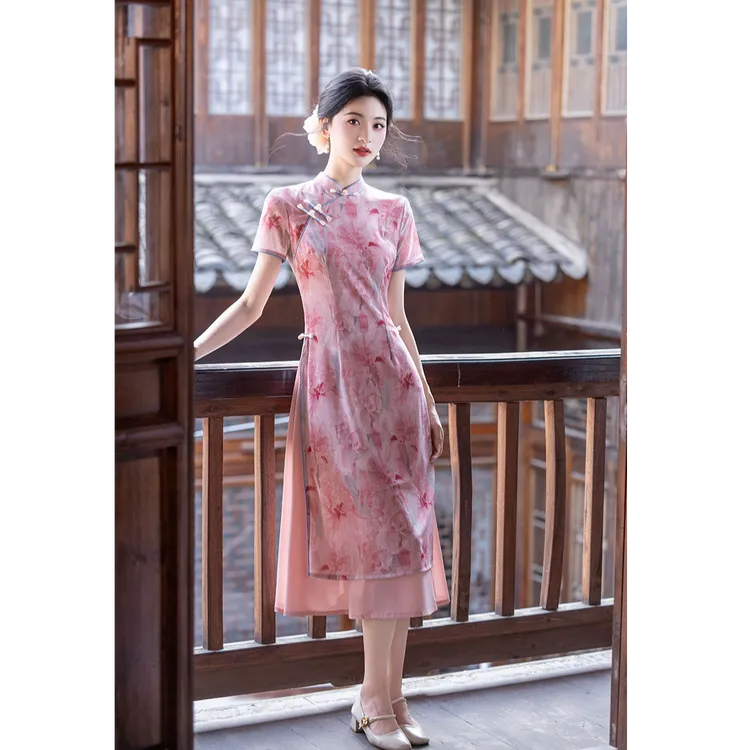 青未了【梦织】25夏季新款弹力网纱中国风中式双层奥黛旗袍 衣长120
