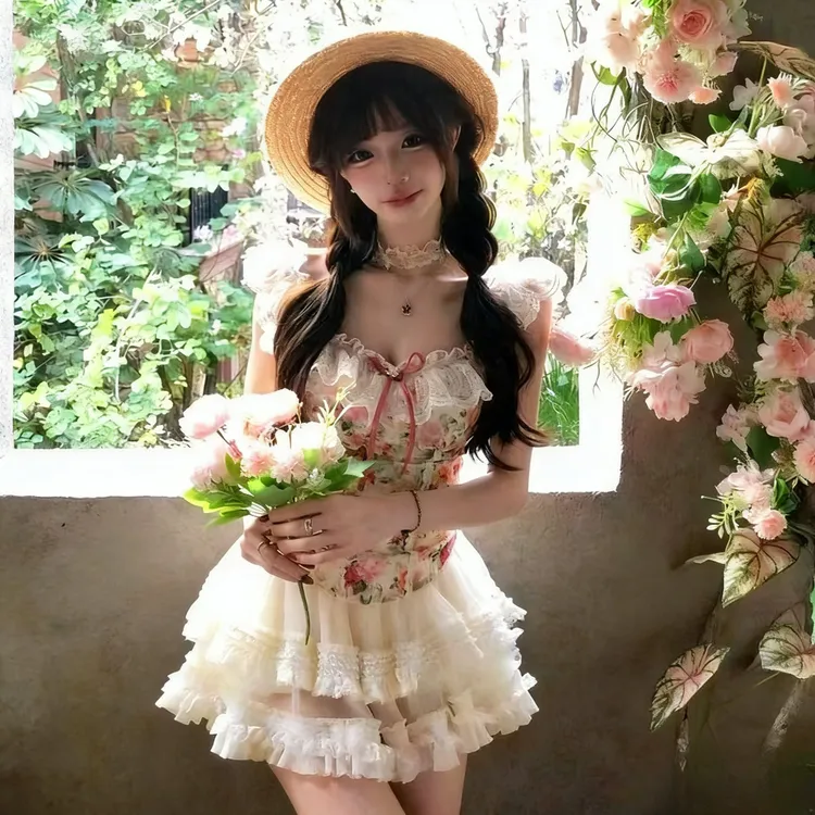 法式显瘦气质田园轻洛丽塔复古少女碎花上衣蓬蓬短裙春季新款套装