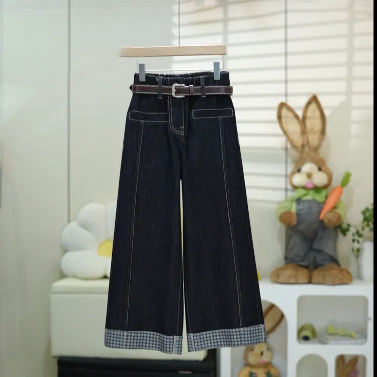 女童牛仔裤秋季新款中大童阔腿裤儿童显瘦高腰直筒时尚百搭复古