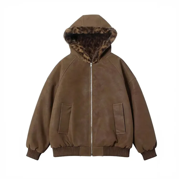 双面穿座山豹纹连帽pu皮夹克加绒棉服男女款冬季加厚美式复古外套