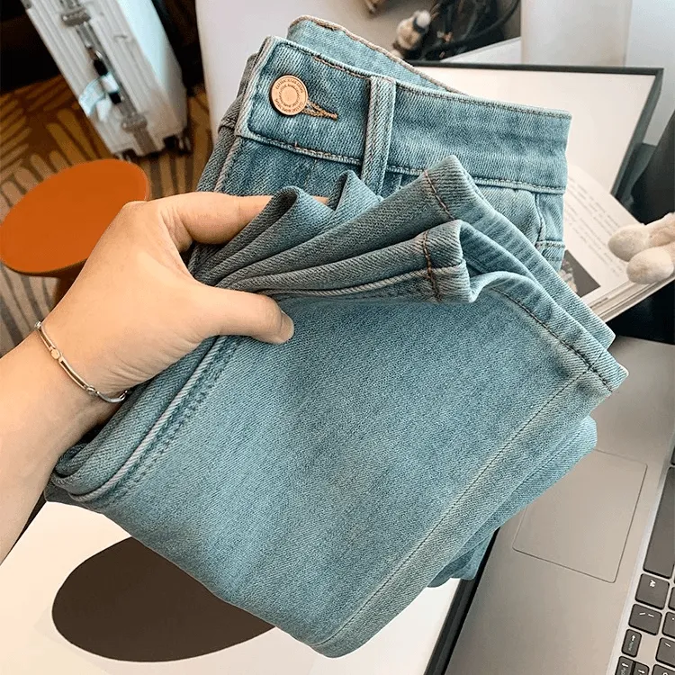 大码蓝色高腰显瘦直筒牛仔裤女秋季款梨形身材弹力百搭九分烟管裤