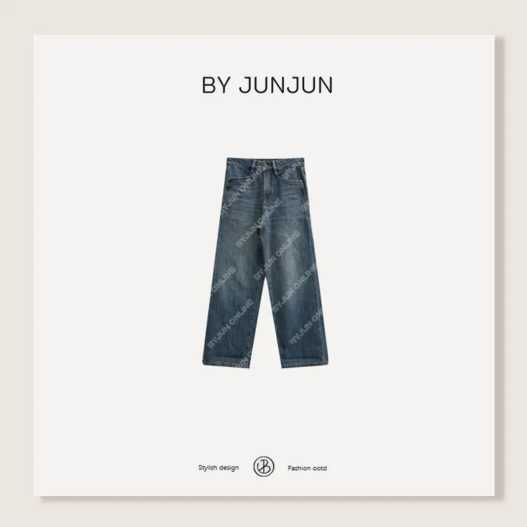 ByJunjun冬季新品女装韩系牛牛直筒磨毛牛仔裤