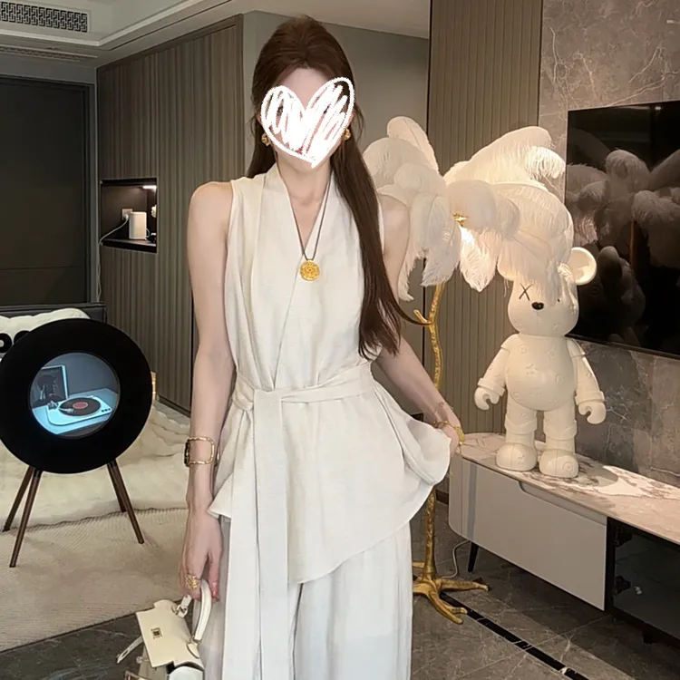 轻熟老钱风无袖马甲上衣女夏天套装气质穿搭阔腿长裤两件套BD170
