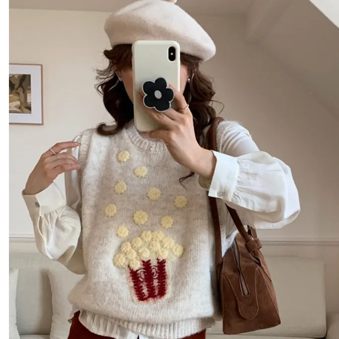 爆米花绣花圆领软糯叠穿针织马甲背心女2025秋季坎肩百搭无袖马夹
