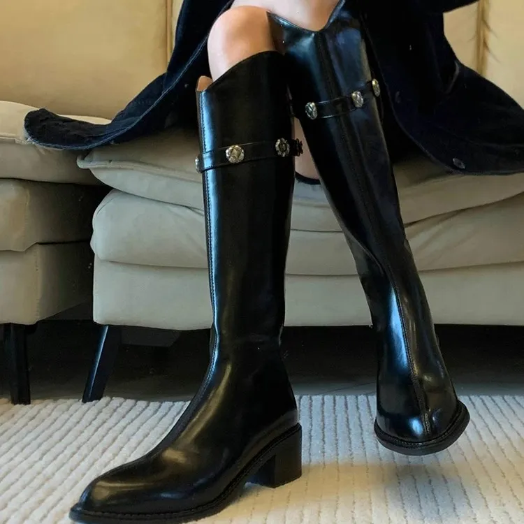 牛皮版~V口尖头高跟长靴皮带扣长筒靴女弹力不过膝靴子高筒骑士靴