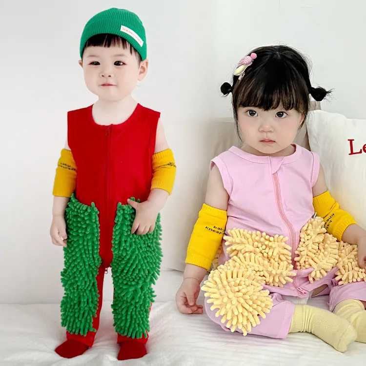 宝宝拖地爬爬服婴儿拖把侠爬行服擦地防脏连体衣背心夏天薄款短袖