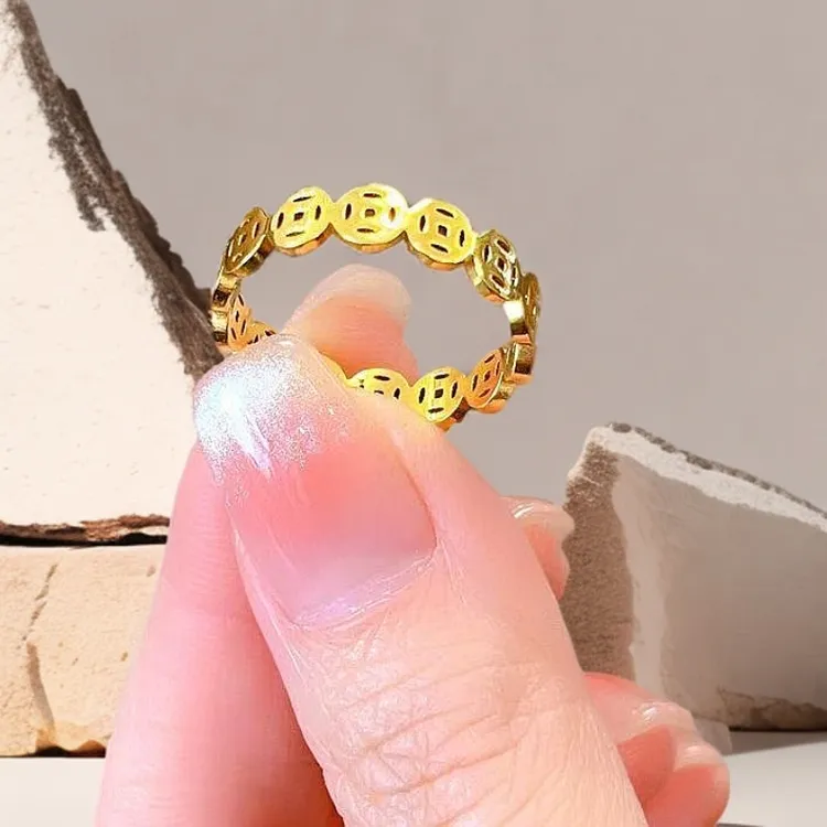 复古铜钱戒指民族风金色指环时尚戒指不掉色洗澡可尾戒