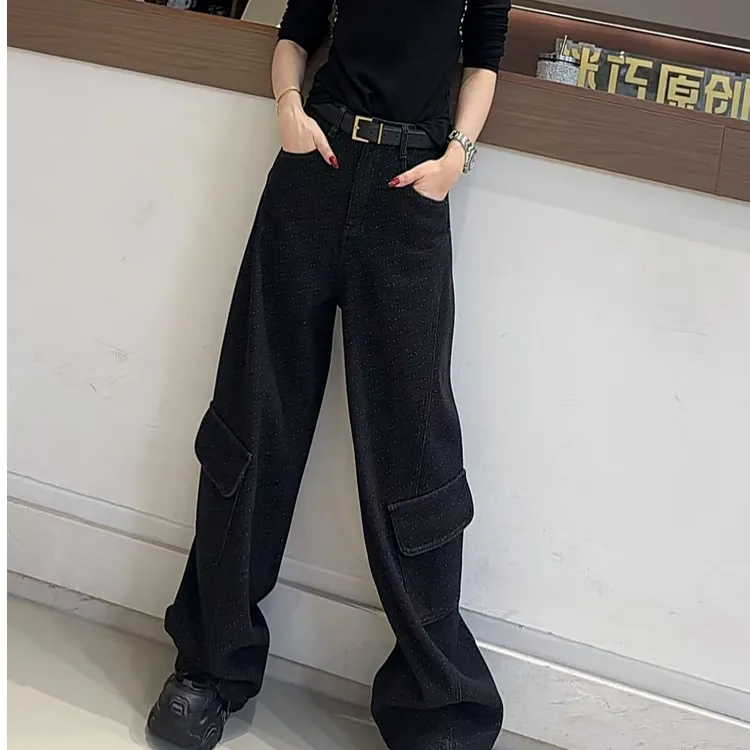 迷巧时髦新款个性波点牛仔口袋拼绵羊皮加绒工装牛仔拖地裤