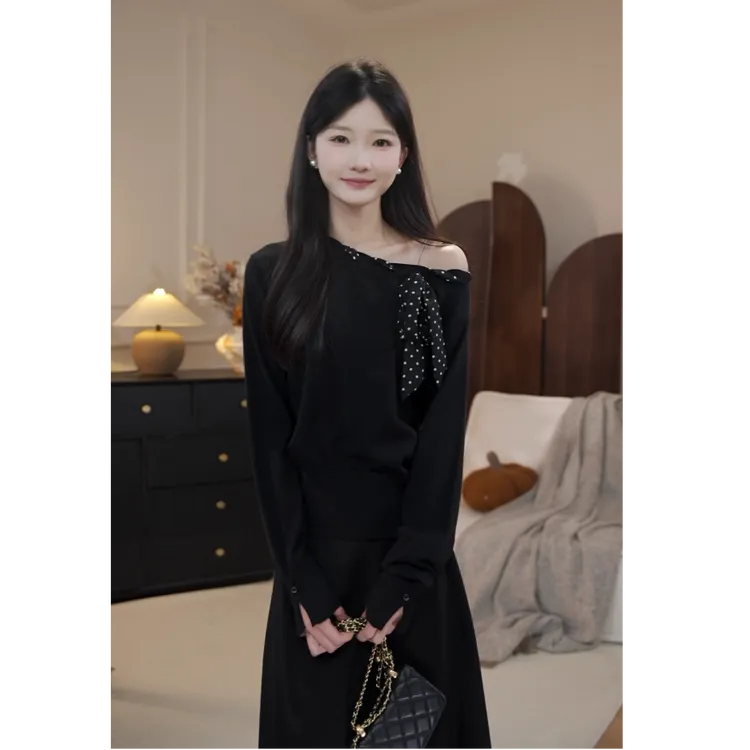 鹿向南「黑巧曲奇」黑色波点系带长袖上衣女早秋新款别致针织衫半裙