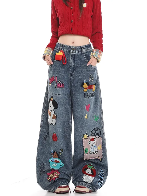 美式趣味卡通布贴牛仔裤女生秋季新款慵懒风垂感宽松休闲阔腿长裤