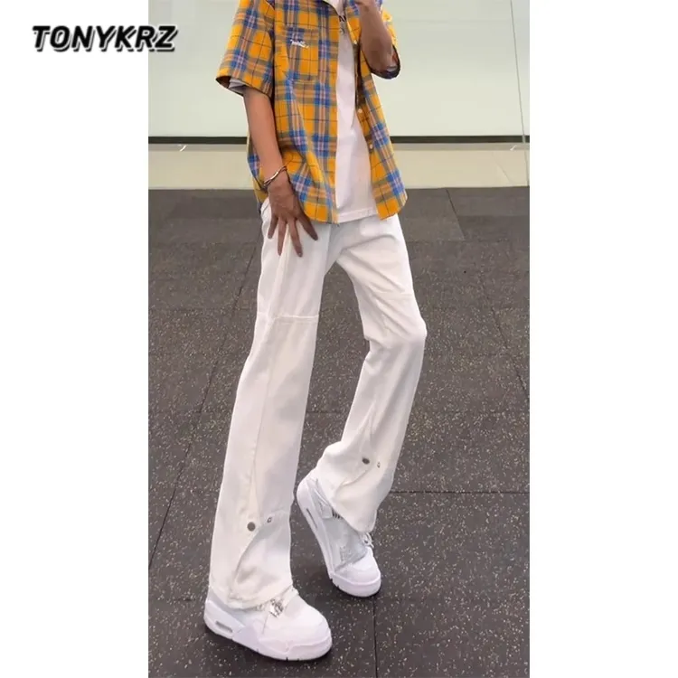 TONYKRZ白色排扣牛仔裤男美式高街vibe风裤子显瘦修身直筒微喇裤