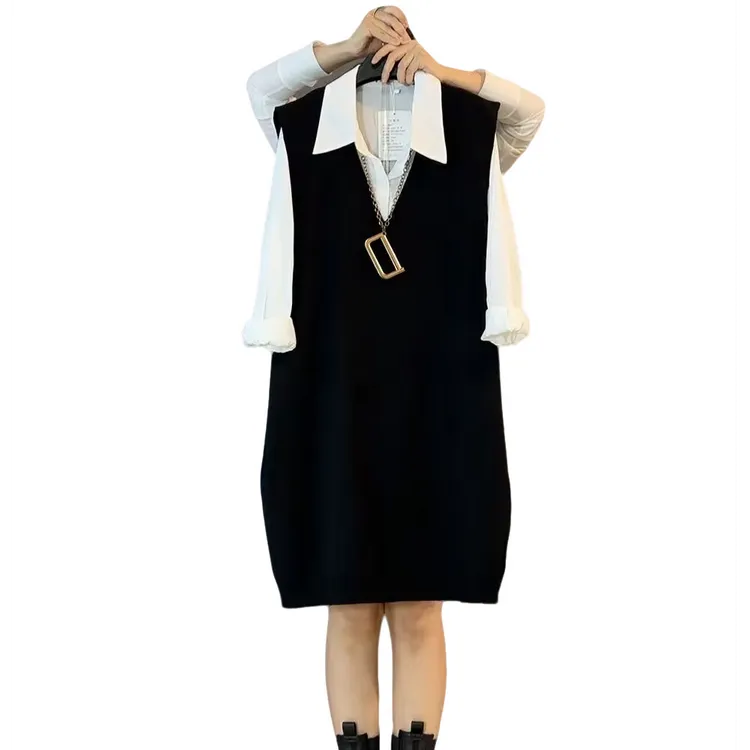 大维罗依SS 秋季新款宽松遮肉中长款针织马甲两件套