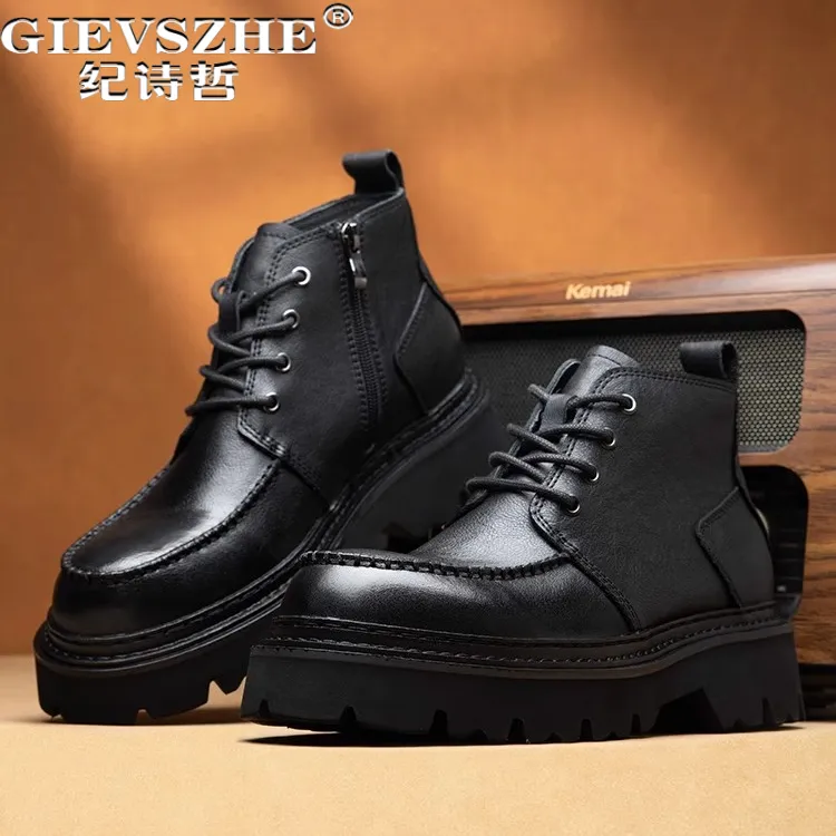 纪诗哲男鞋拉链增高户外工装靴男士牛皮短靴英伦复古风厚底马丁靴