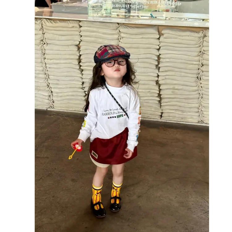 壹妈韩版童装女童秋季套装洋气儿童时髦卡通印花t恤长袖红色半裙