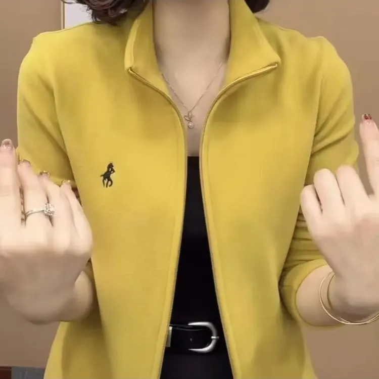 {现货-路费】高弹显瘦百搭开衫款女装卫衣拉链立领刺绣时尚洋气