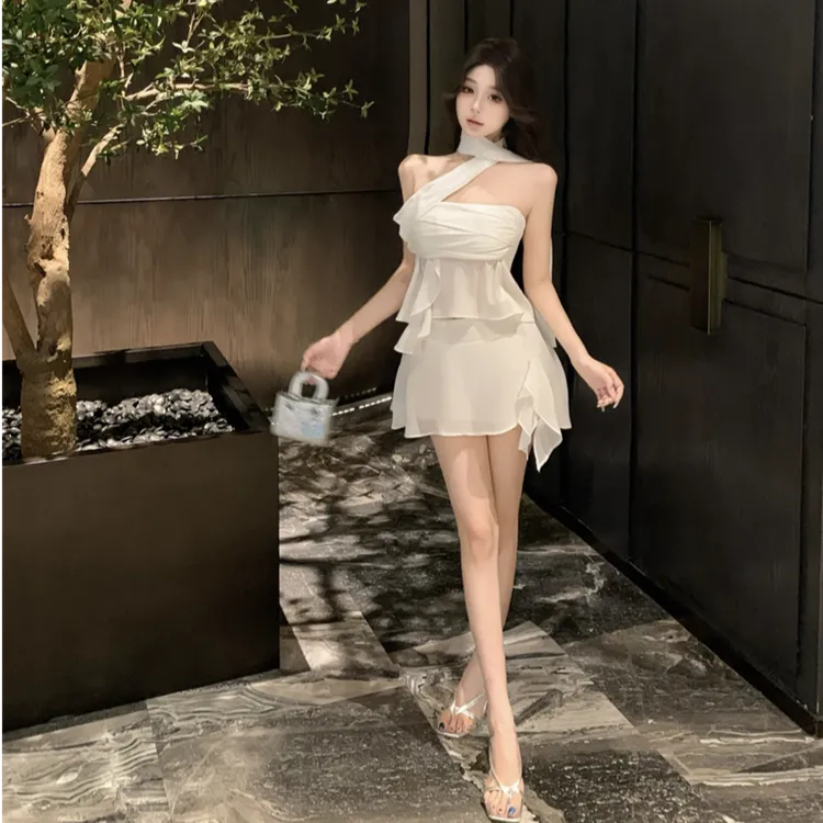 夏季薄款女套装纯欲风薄纱抹胸挂脖无袖飘带上衣+短款显瘦包臀裙