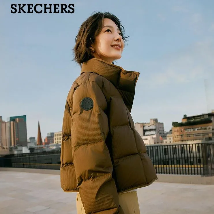 SKECHERS/斯凯奇女士短款羽绒服宽松立领蓬松保暖外套冬季羽绒服