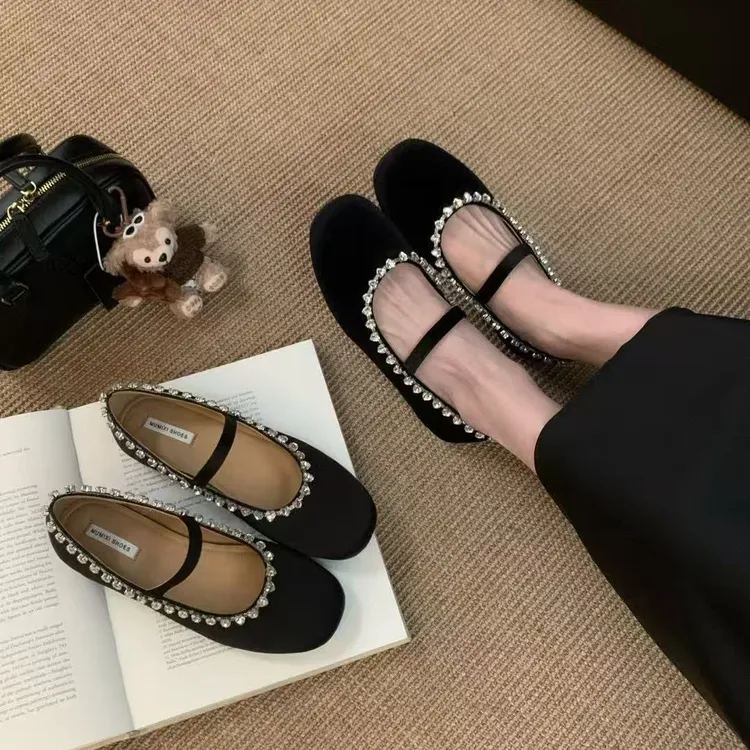 韩版水钻浅口单鞋法式仙女鞋春季新款黑色玛丽珍  338-1