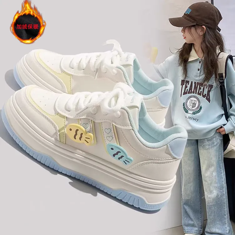 ABC女童小白鞋2025秋冬新款初中生运动鞋大童板鞋加绒厚底休闲鞋