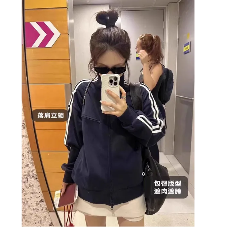藏蓝色立领卫衣外套秋季运动休闲上衣韩系chic别致开衫棒球服夹克