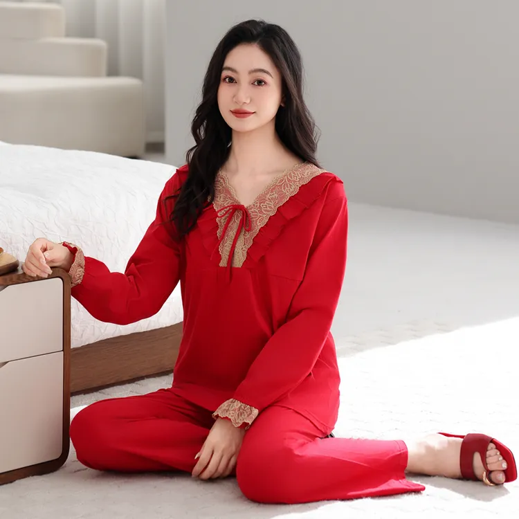 睡衣女款爆款2025新款长袖长裤纯棉套装春秋红色蕾丝本命年家居服